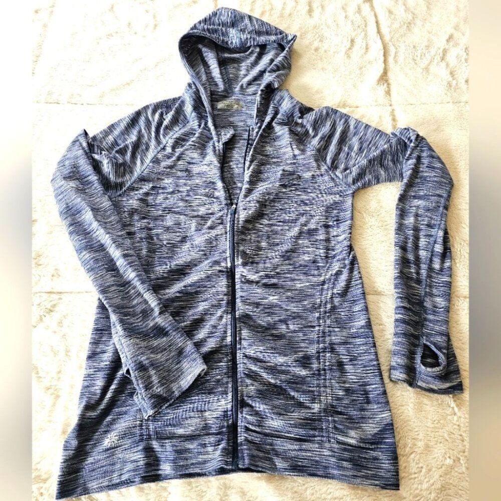 Athleta Women's Full Zipped Jacket. Medium Navy Blue/White, Long Sleeve, Hooded.